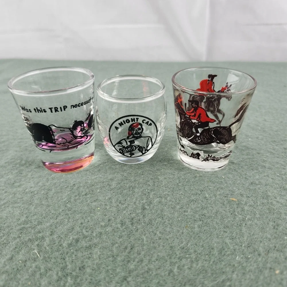 3 Lot Vintage Glass Shot Glass Drinking Cartoon Barware Night Cap Fox Hunt